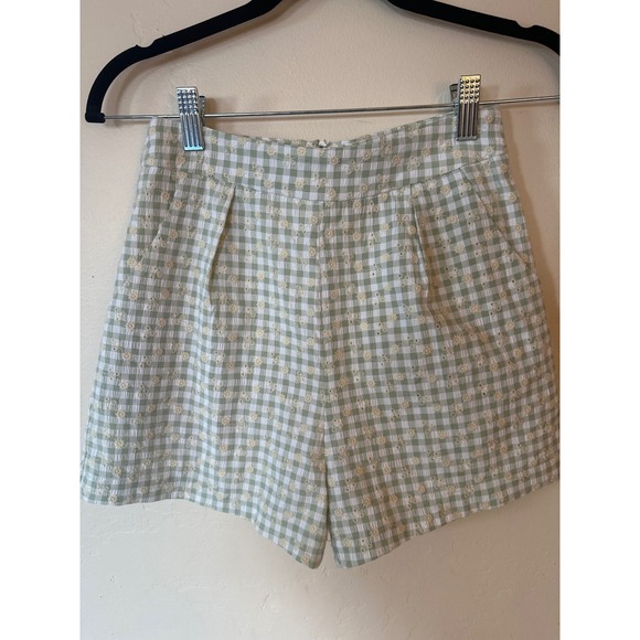 Sage The Label Pants - Sage The Label Gingham Daisy Embroidered Shorts Green White Floral XS High Waist